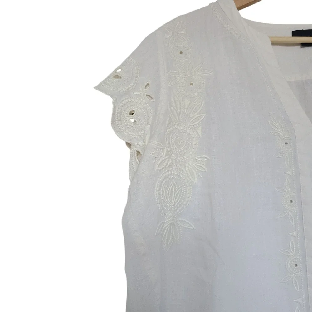 J. Crew 100% Linen Top 16 White Embroidered Short‎ Sleeves V-neck Lightweight